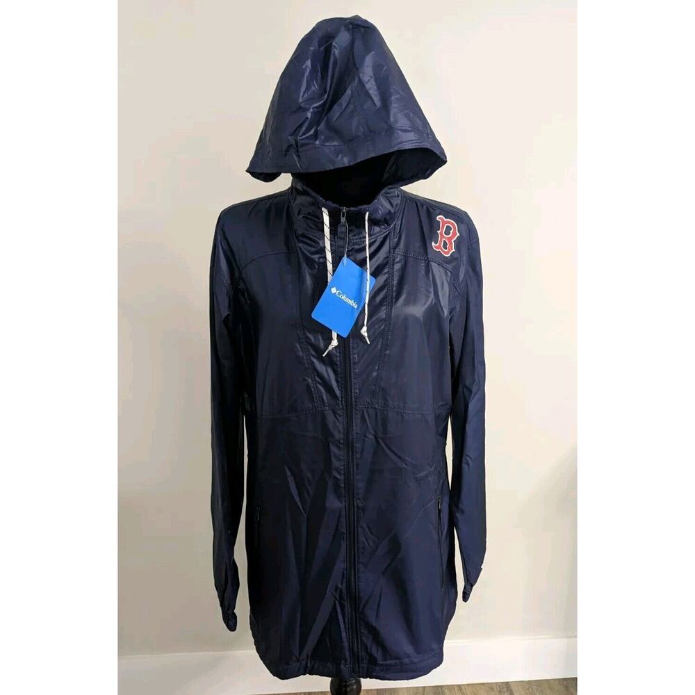 Boston Red Sox Columbia Long Full Zip Windbreaker Jacket Womens M Navy Blue NWT
